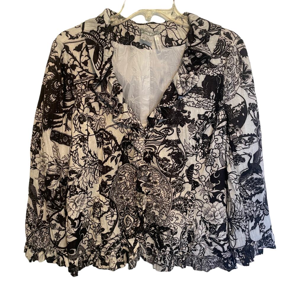 Alberto Makali Ruffle Zip Jacket Women's XL Black White Asian Floral Bird Print